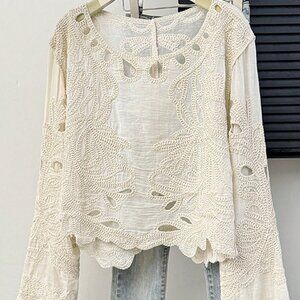 Apricot Boho Casual Women's Long Sleeve Lace Blouse